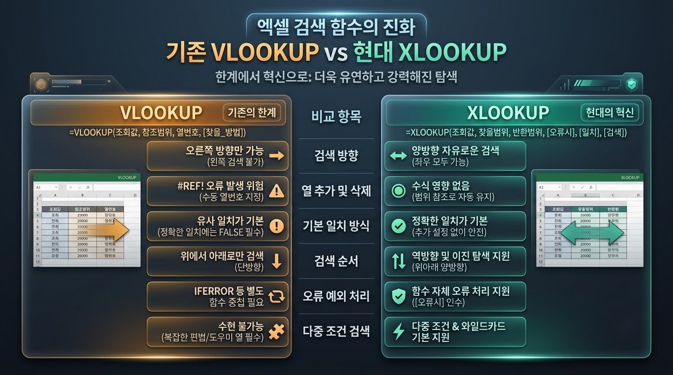 엑셀 작업 시간 절반으로 줄이는 실무 필수 VLOOKUP & XLOOKUP 활용법 완벽 정리 비교 분석 인포그래픽
