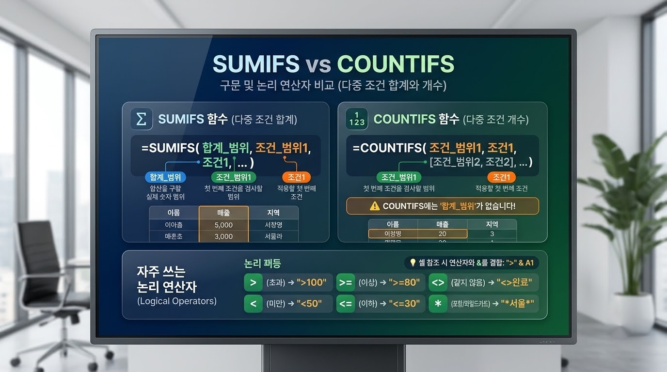 조건이 여러 개일 땐 이것만! 엑셀 SUMIFS & COUNTIFS 다중 조건 완벽 실무 공식 비교 분석 인포그래픽