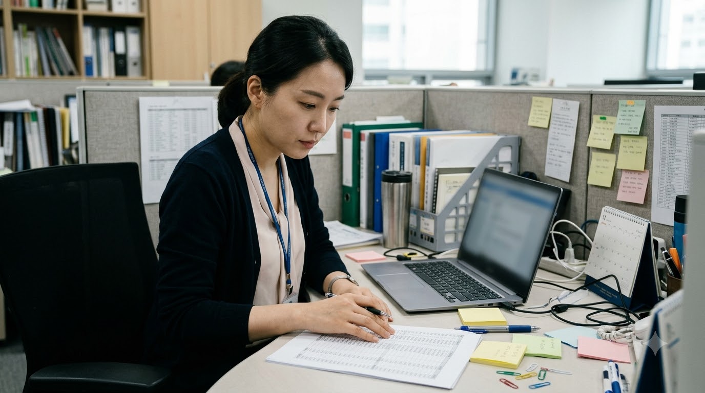 노트북과 인쇄된 거래 목록을 함께 검토하는 장면, AI 제작 이미지 · 참고 이미지 아님