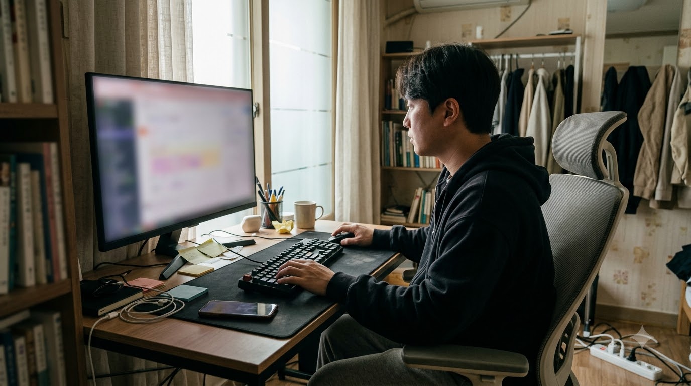데스크톱 모니터 앞에서 컴퓨터를 사용하는 모습