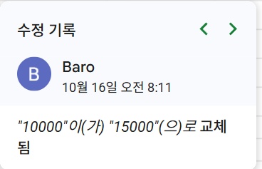 수정자·시각과 함께 이전 값 10000이 15000으로 바뀐 기록을 확인합니다.